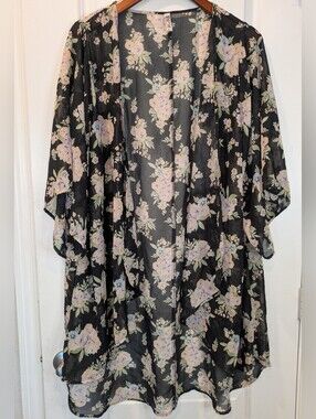 Mudd Floral Kimono Cardigan XL Black Sheer Boho Duster Lightweight Cover Up